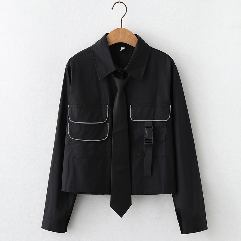 Women's Blouses Shirts Autumn Women JK uniform Japanese Tie Long Sleeve Loose Short Shirt College Casual Street Pocket White Top Student Blouse 2