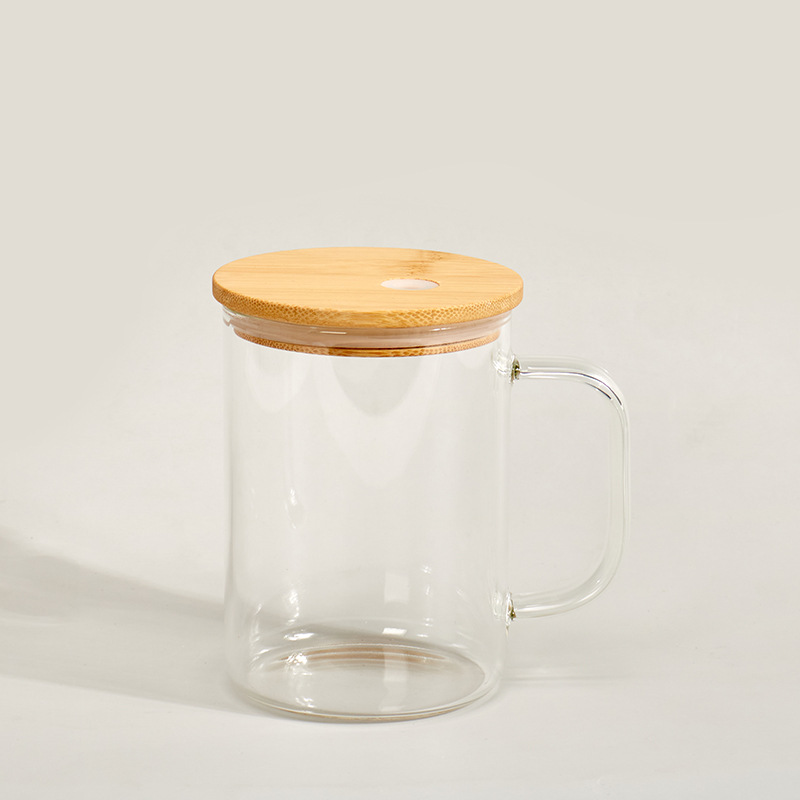 16oz Sublimation glass coffee mug with bamboo lid handle blank frosted clear pre-drilled snowglobe glass tumbler tea beer mugs wine cola cup