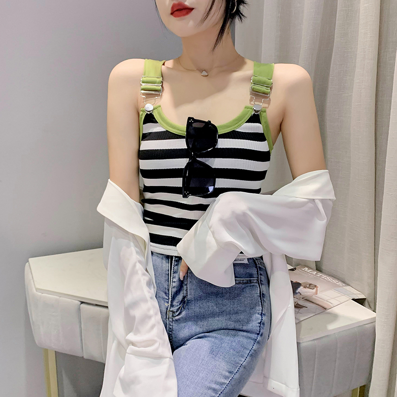 Camisoles Tanks MadBlack Summer European Clothes Knitted Tank Tops Women Sexy Slim Striped Camisole Vest Sleeveless Tshirts T34612X 230518