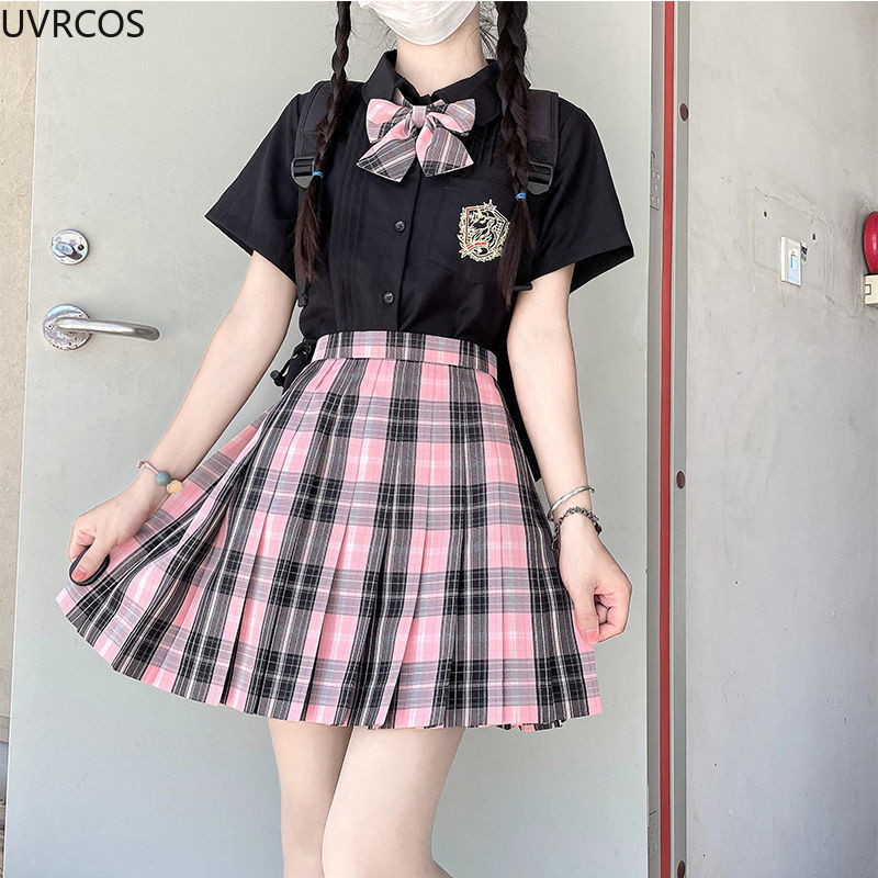 Skirts Japanese Preppy Style Sweet Plaid Skirts Women Gothic Pink Black High Waist Pleated Mini Skirt Kawaii Girls JK Uniform Harajuku 230518