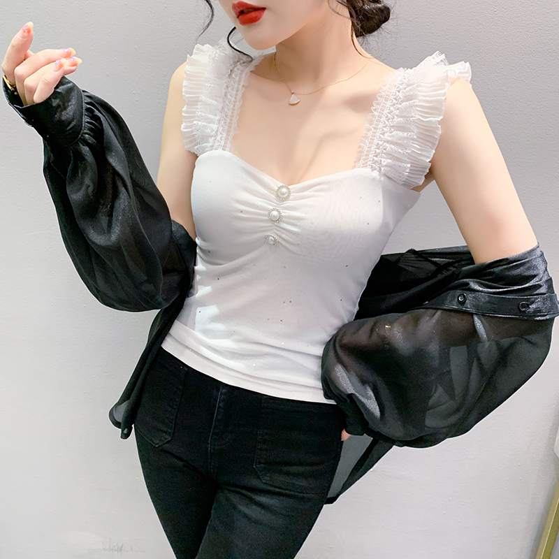 Camisoles Tanks MadBlack Summer European Clothes Ruffled Tank Tops Women Sexy Mesh Outerwear Slim Camisole Vest Sleeveless Tshirts T34801X 230518