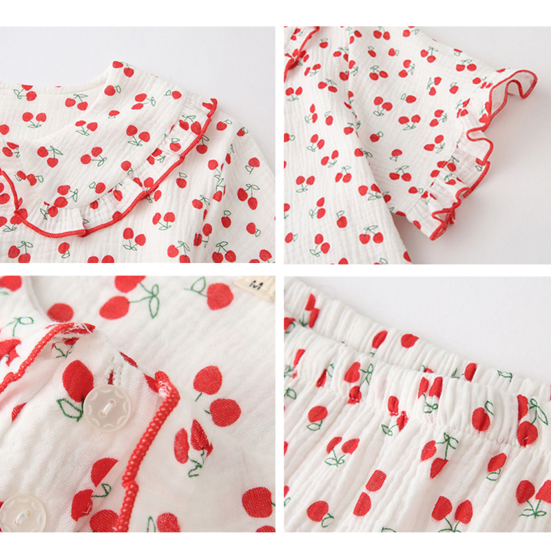 Women's Sleepwear Cotton Sleepwear Korean Pajamas for Women Summer Pijama Cherry Print Pyjamas Female Set Woman 2 Piece Cute Loungewear 230517