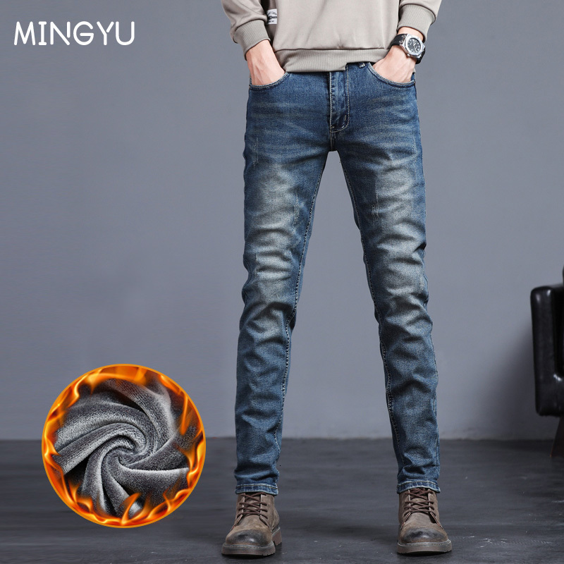 Men's Jeans Winter Fleece Warm Men's Jeans Vintage Blue Cotton Classic Slim Skinny Fashion Streetwear Thick Fluff Denim Trousers Male 27-38 