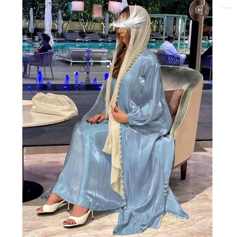 Shiny Satin Muslim Abaya Set With Beading, Long Kaftan Cardigan, Moroccan Ramadan Gown, Two-Piece Islamic Clothes For Women, Polyester, Loose Fit, Pic