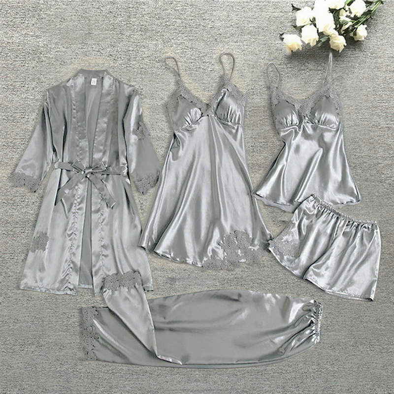Women's Sleepwear Sexy Nightwear Five-piece Pajamas Sleep Tops Robe Sets Silk Pajamas Sleep Suit Womens Lace Satin Pajamas Pajama Suit 230517