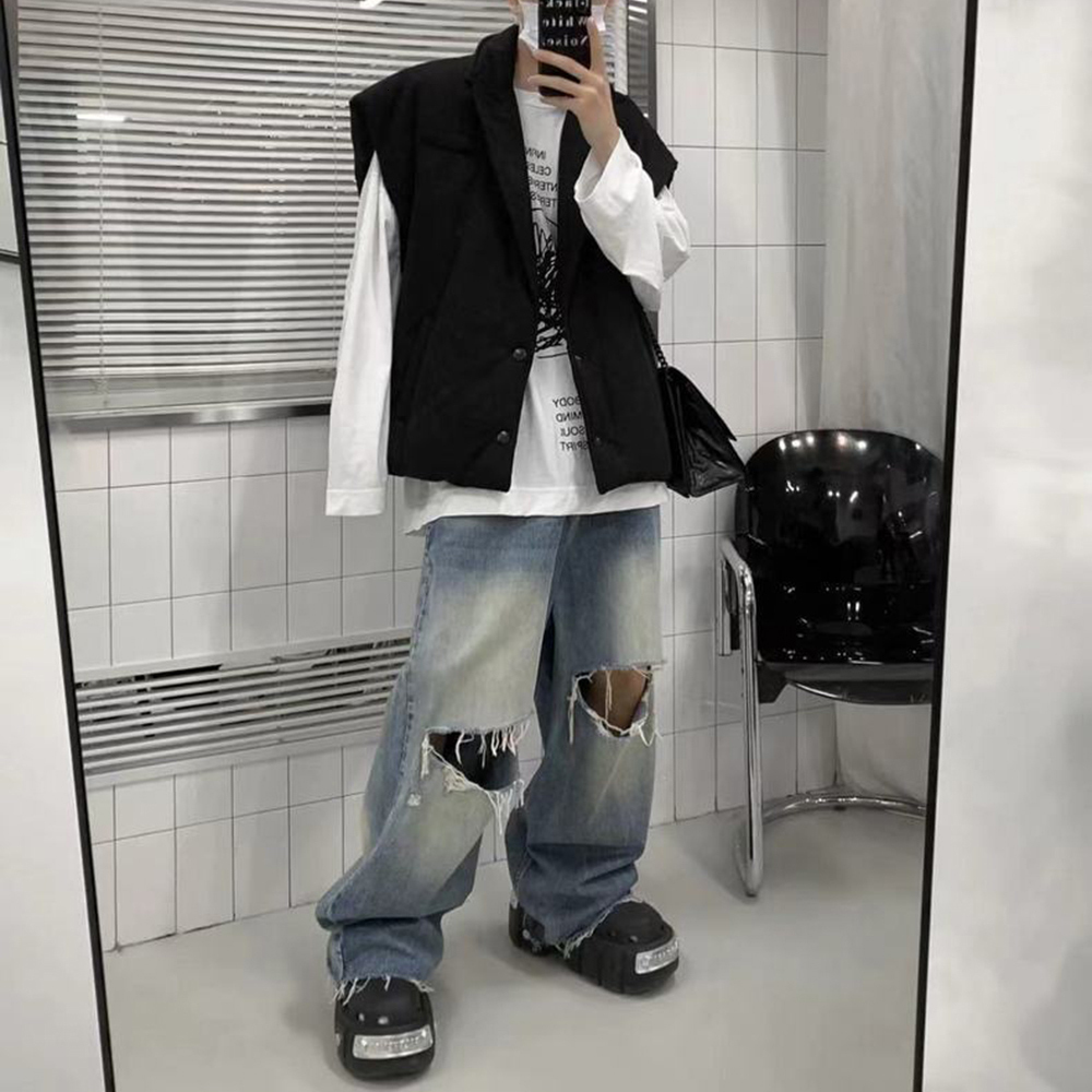 Men's Jeans Y2K Knee Hole Washed Straight Wide Leg Baggy for Men and Women Streetwear Vintage Loose Casual Denim Trousers Oversized 230517