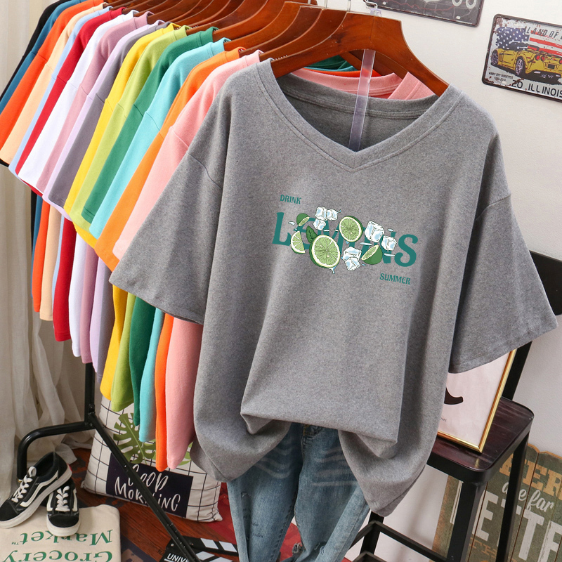 Women's Plus Size TShirt 100 Cotton Shirt L6XL shirt Short Sleeve op Summer Girls Print Cute V Neck Oversized Shirts 230517