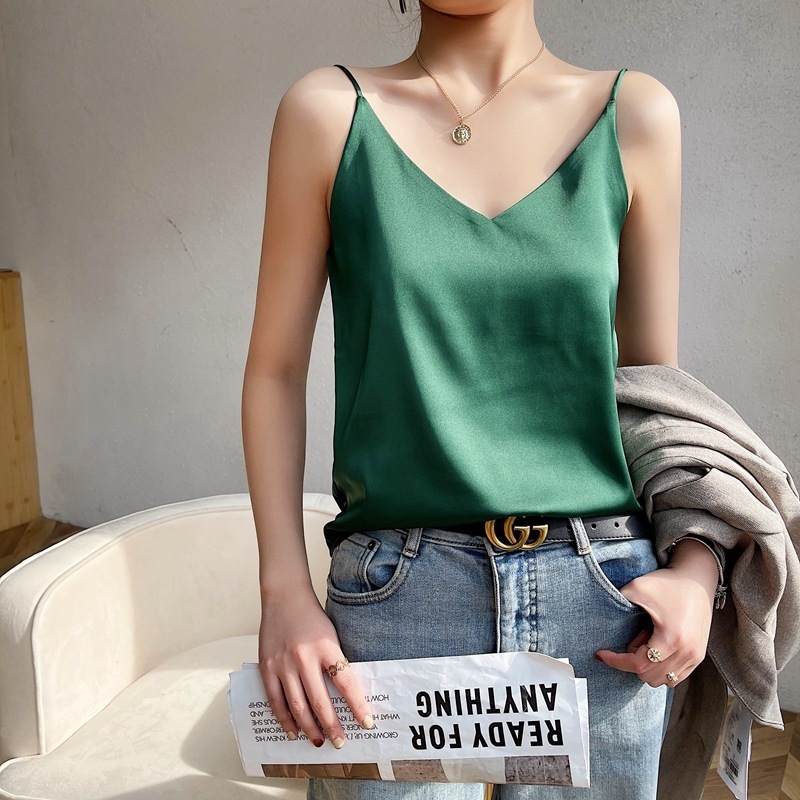 Camisoles Tanks 100 silk real silk summer women's clothing slim v-neck short temperament inner top one-shoulder camisole 230518