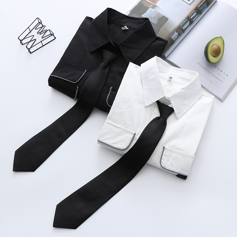 Women's Blouses Shirts Autumn Women JK uniform Japanese Tie Long Sleeve Loose Short Shirt College Casual Street Pocket White Top Student Blouse 2