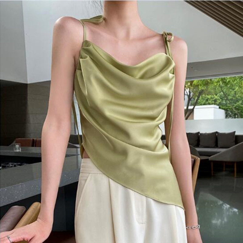 Camisoles Tanks Korean fashion streetwear satin camisole Summer wild sexy pleated asymmetric artificial silk Spaghetti Strap Cami Tops 5XL 230518