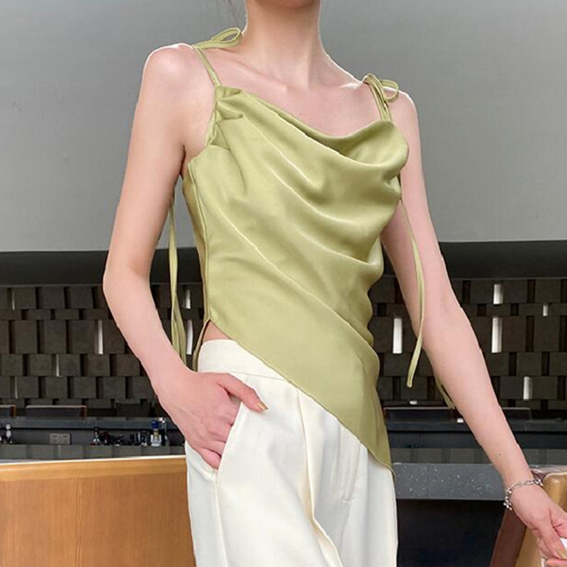 Camisoles Tanks Korean fashion streetwear satin camisole Summer wild sexy pleated asymmetric artificial silk Spaghetti Strap Cami Tops 5XL 230518