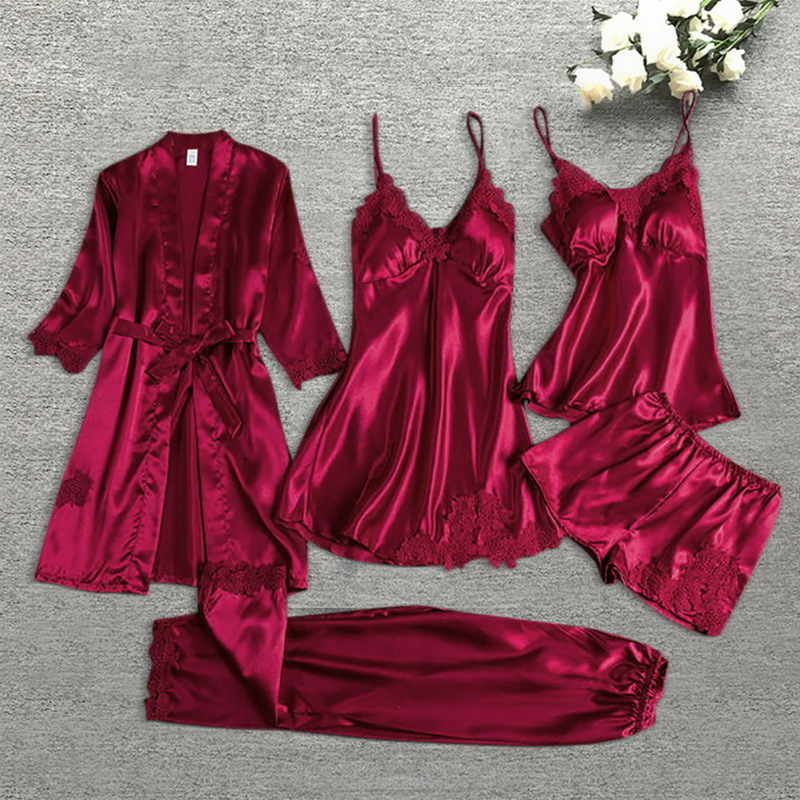Women's Sleepwear Sexy Nightwear Five-piece Pajamas Sleep Tops Robe Sets Silk Pajamas Sleep Suit Womens Lace Satin Pajamas Pajama Suit 230517
