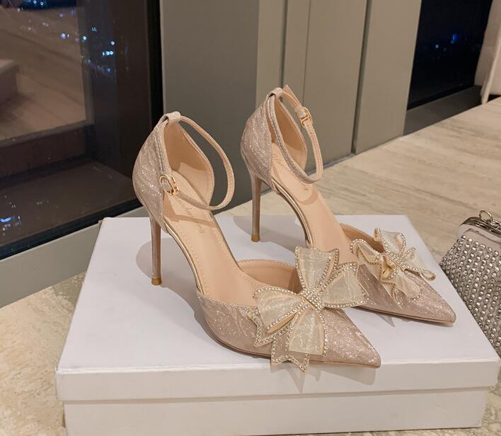 Ladies Dress Shoes Designer Heels Woman Wedding Party High Heels Shiny Rhinestone Double Bow Sandals ZJ03