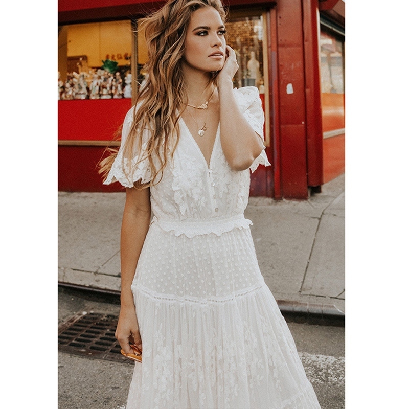 Basic Casual Dresses Hollow Out White Dress Sexy Women Long Lace Dress Cross Semi-Sheer Plunge V-Neck Short Sleeve Lace Maxi Dress Simple Solid 230518
