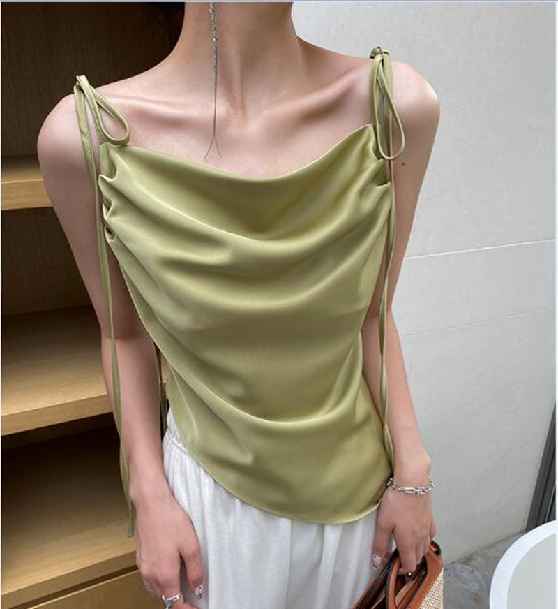 Camisoles Tanks Korean fashion streetwear satin camisole Summer wild sexy pleated asymmetric artificial silk Spaghetti Strap Cami Tops 5XL 230518