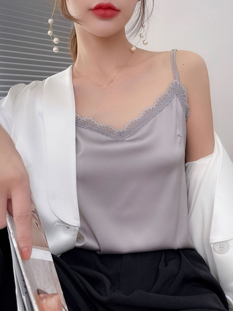 Camisoles Tanks Summer Satin Silk Women's Tank Tops Lace Sleeveless Camisole Halter Beautiful V Neck Green Basic Spaghetti Strap Top 230518
