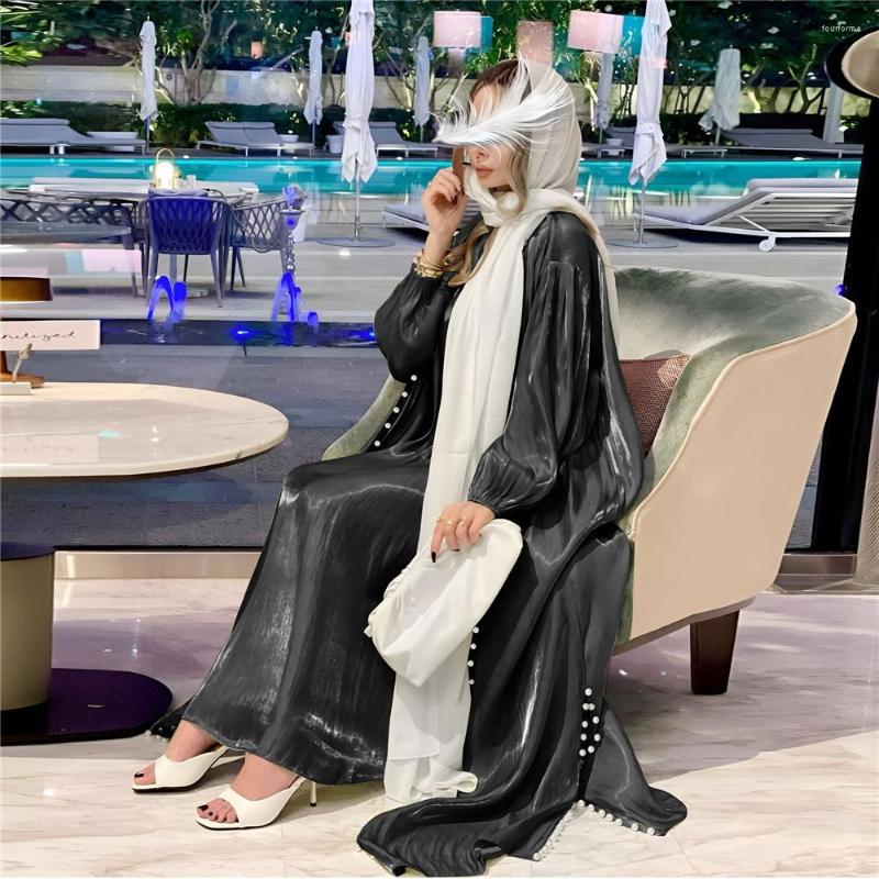 Shiny Satin Muslim Abaya Set With Beading, Long Kaftan Cardigan, Moroccan Ramadan Gown, Two-Piece Islamic Clothes For Women, Polyester, Loose Fit, Pic