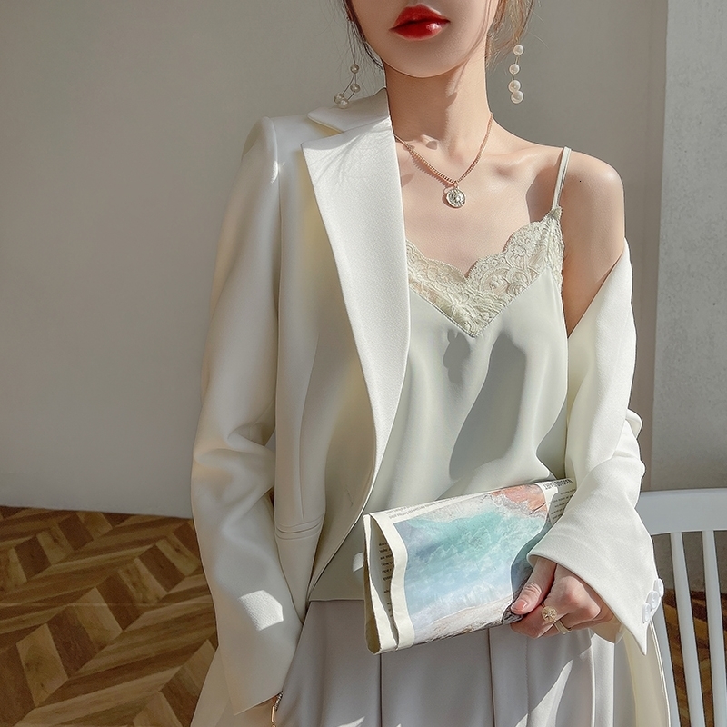 Camisoles Tanks Women's Satin Lace V Neck Camisole Top Lady Office Wear Basic Camis Sexy Sleeveless Solid Color Tank Top 230518