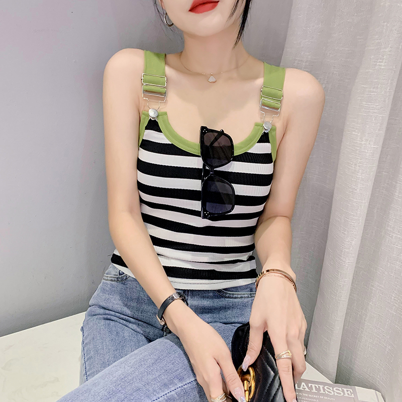 Camisoles Tanks MadBlack Summer European Clothes Knitted Tank Tops Women Sexy Slim Striped Camisole Vest Sleeveless Tshirts T34612X 230518