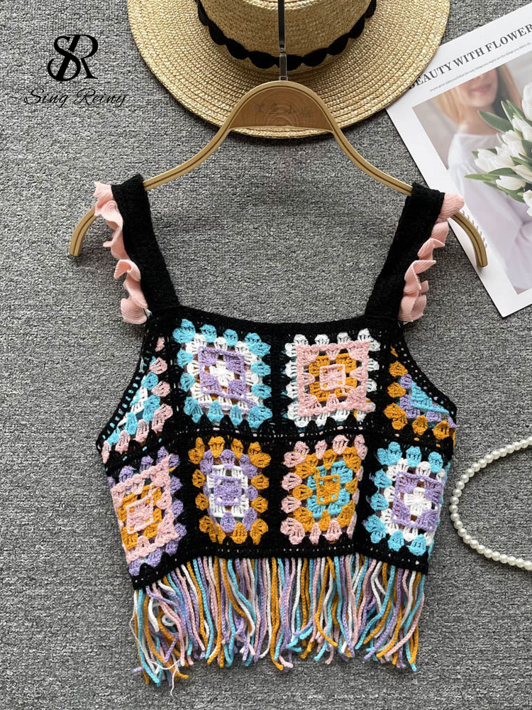 Camisoles Tanks SINGREINY Tassel Knitted Beach Camisole Summer Holiday Strap Loose Chic Camis Fashion Hollow Out Backless Floral Tank Tops 230518