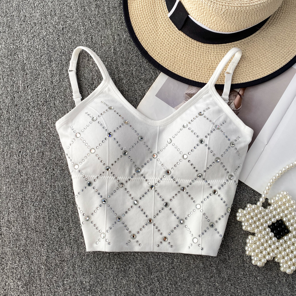 Camisoles Tanks Elegant Spaghetti Strap Tanks Camis Women Sexy Diamond Beading Spliced Femme Corset Crop Tank Tops with Built In Bras Camisoles 230518