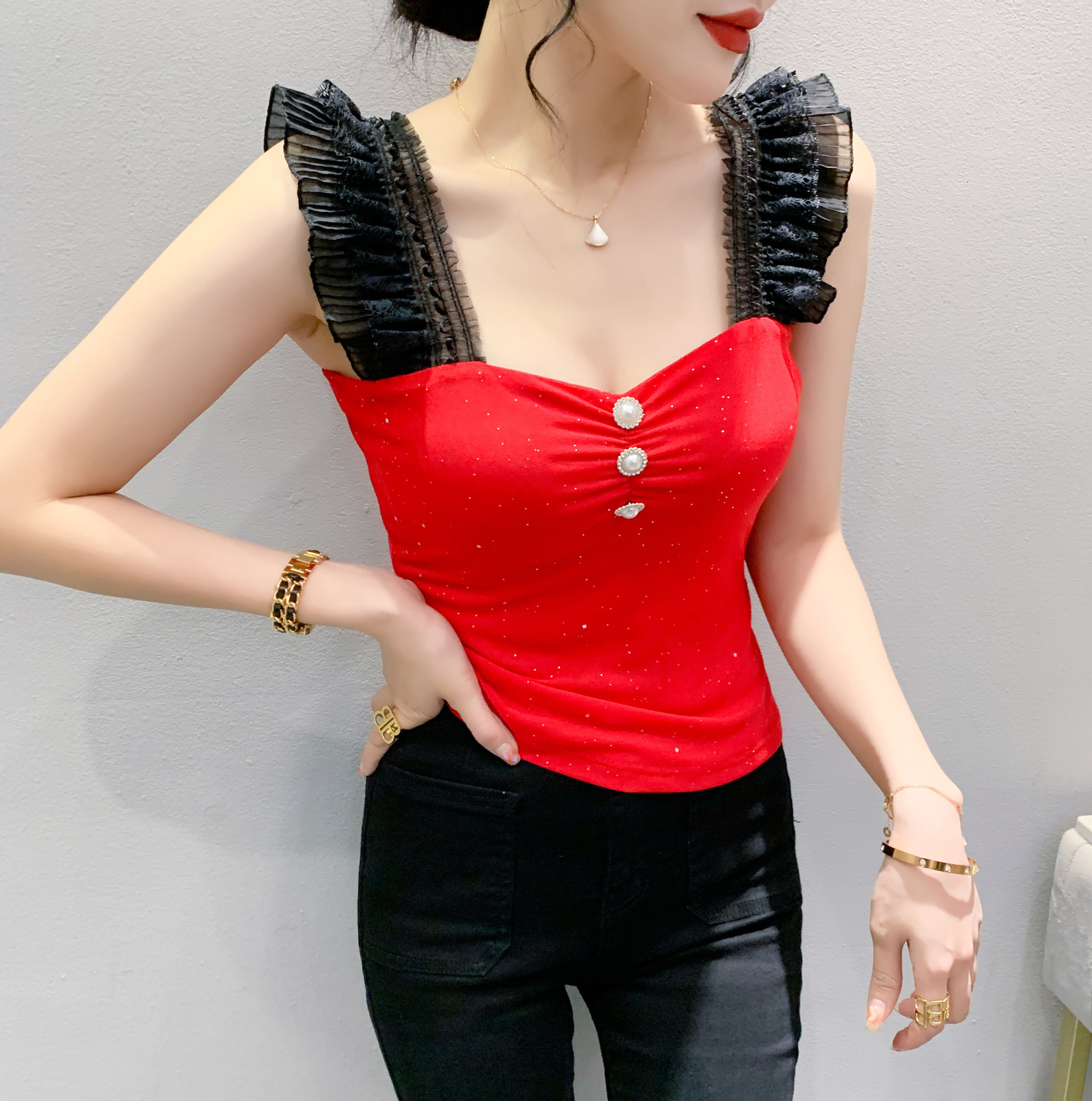 Camisoles Tanks MadBlack Summer European Clothes Ruffled Tank Tops Women Sexy Mesh Outerwear Slim Camisole Vest Sleeveless Tshirts T34801X 230518