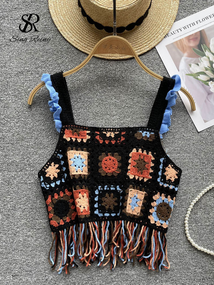 Camisoles Tanks SINGREINY Tassel Knitted Beach Camisole Summer Holiday Strap Loose Chic Camis Fashion Hollow Out Backless Floral Tank Tops 230518