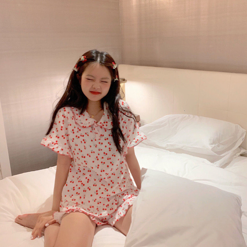 Women's Sleepwear Cotton Sleepwear Korean Pajamas for Women Summer Pijama Cherry Print Pyjamas Female Set Woman 2 Piece Cute Loungewear 230517