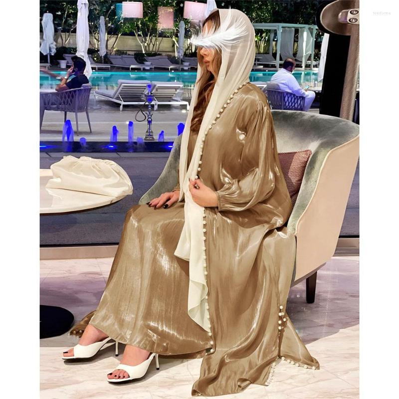 Shiny Satin Muslim Abaya Set With Beading, Long Kaftan Cardigan, Moroccan Ramadan Gown, Two-Piece Islamic Clothes For Women, Polyester, Loose Fit, Pic