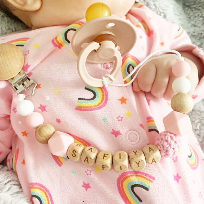 Pacifier Holders Clips# Handmade Free Personalized Name Silicone Wood Pacifier Clips Safe Teething Chain Baby Teether Eco-friendly Dummy Clips Holder 