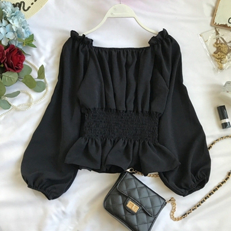 Women's Elegant Chiffon Off Shoulder Puff Sleeve Top Casual White Ruffle Blouse For Office Wear