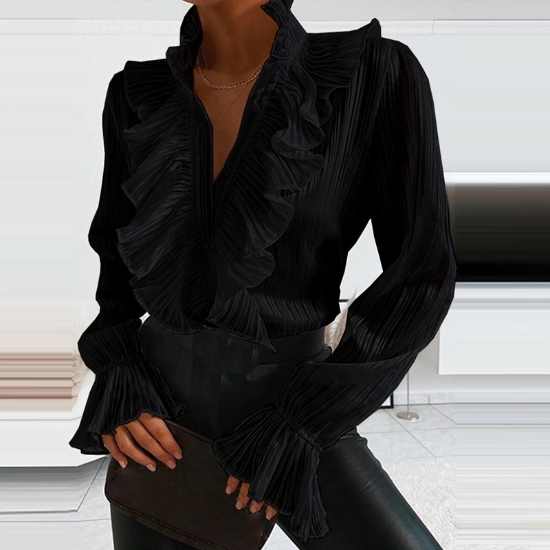 Women's Blouses Shirts Blouse Fashion Elegant VNeck Ruffle Solid Color Female Casual Long Sleeves Office Lady 230517