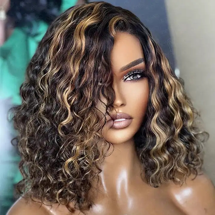 Brown mixed bond Deep Curly 13x4 Lace Front Bob Wig Highlight Honey Blonde Glue-less Human Hair Lace Closure Wig For Black Women