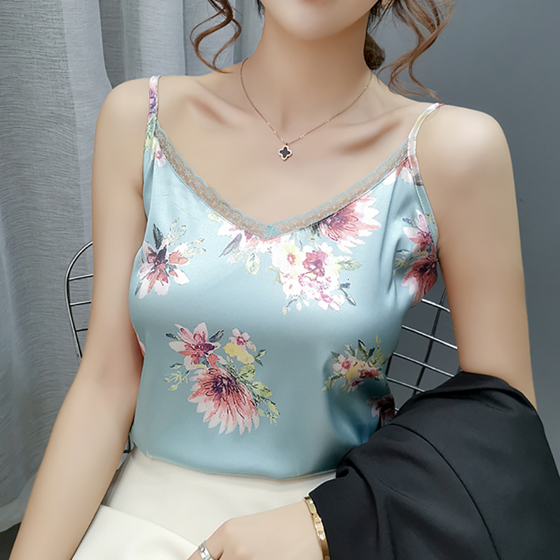 Camisoles Tanks Summer Clothes For Women Camisole Satin Print Tank Tops Sexy V-Neck Tanks Camis Sleeveless Halter Top Mujer Womens Clothing 230518