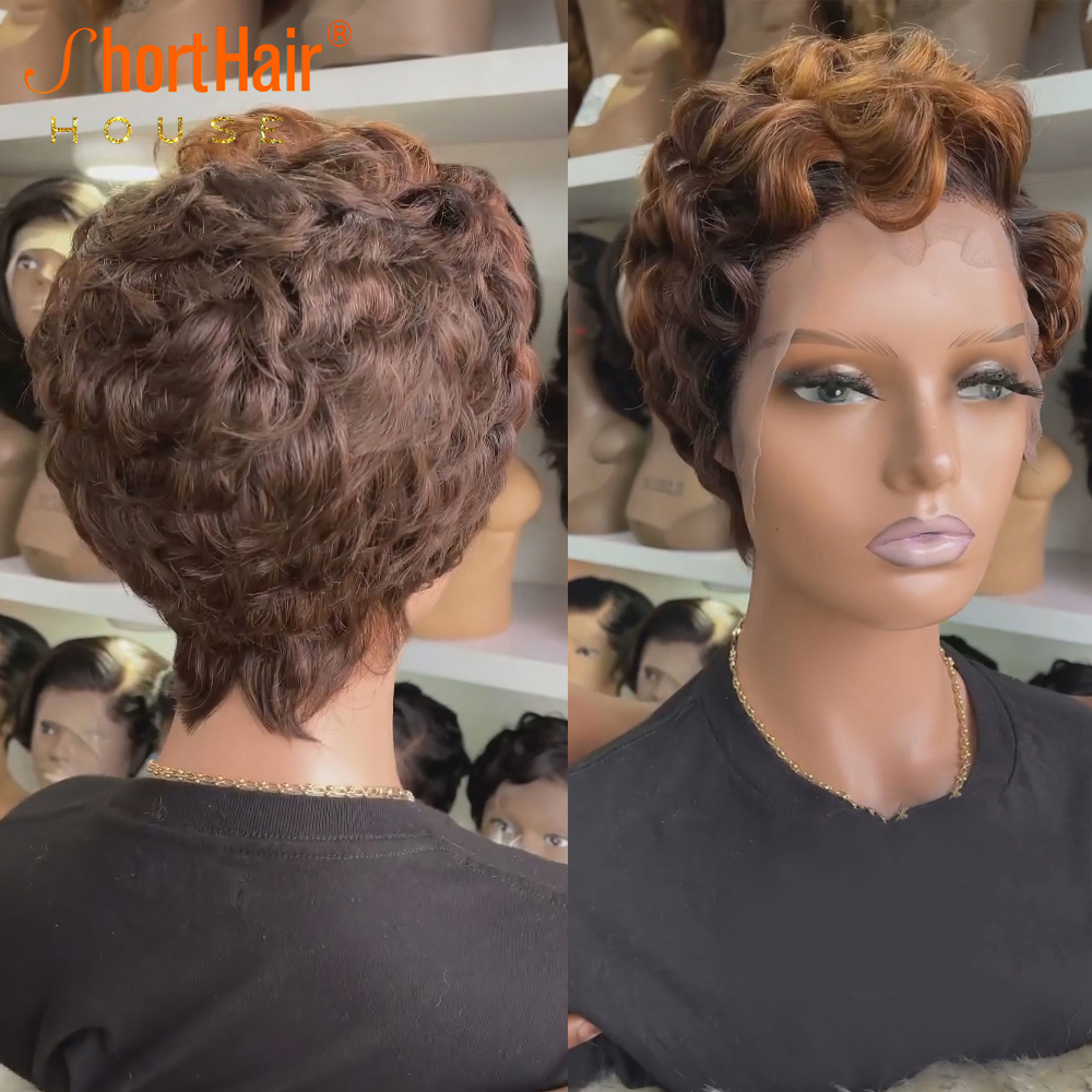 Free shipping Highlight Colored Short Pixie Cut Bob Body Wave Human Transparent 13X4 Lace Frontal Wigs For Black Woman Brazilian Hair Brown Wig 180%
