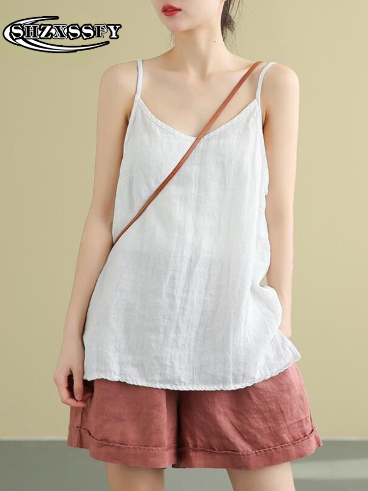 Camisoles Tanks Women's Tops 100% Cotton Linen Loose V Neck Tank Tops Sleeveless Casual Linens Solid Fashion Camis Women Summer Camisole 230518