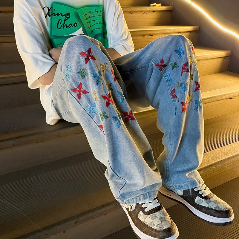 Men's Jeans Spring and Autumn Embroidered Thin Straight Casual Trousers Loose Drape Mopping Pants Sports Trendy 230517