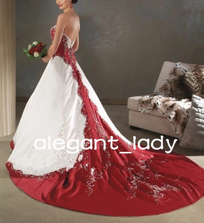 Vintage White and Red Satin Embroidery Wedding Dresses 2023 Plus Size Strapless Lace-up Corset Western Country Bridal Gown