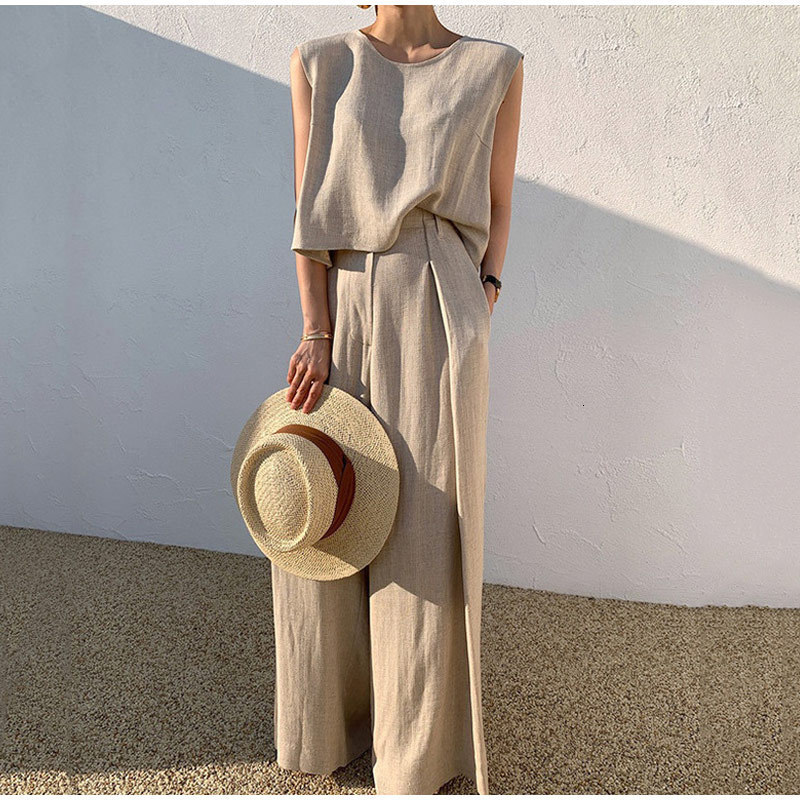 Women's Two Piece Pants Women Cotton Linen Suits Summer Sleeveless O-Neck Tank Top Wide Leg Pants Two Piece Sets Female Fashion Casual Solid Loos