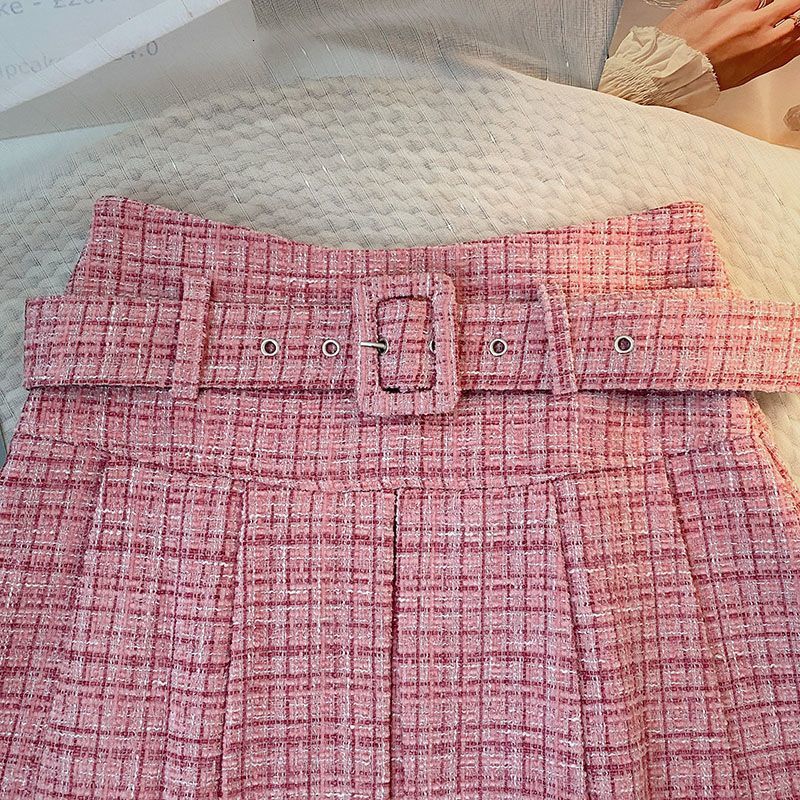Skirts Ashgaily Tweed Pleated Skirt High Waist Mini Skirts Women Retro Skirts with Belt Autum Arrivals Skirt Style 230518