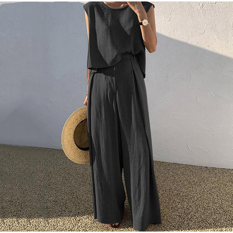 Women's Two Piece Pants Women Cotton Linen Suits Summer Sleeveless O-Neck Tank Top Wide Leg Pants Two Piece Sets Female Fashion Casual Solid Loos