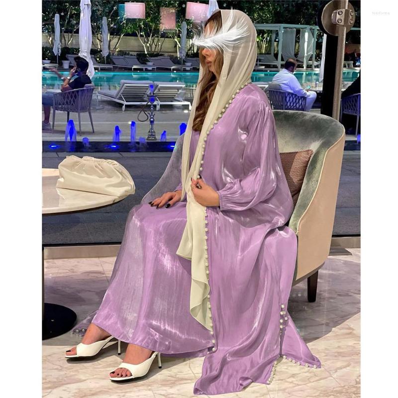 Shiny Satin Muslim Abaya Set With Beading, Long Kaftan Cardigan, Moroccan Ramadan Gown, Two-Piece Islamic Clothes For Women, Polyester, Loose Fit, Pic