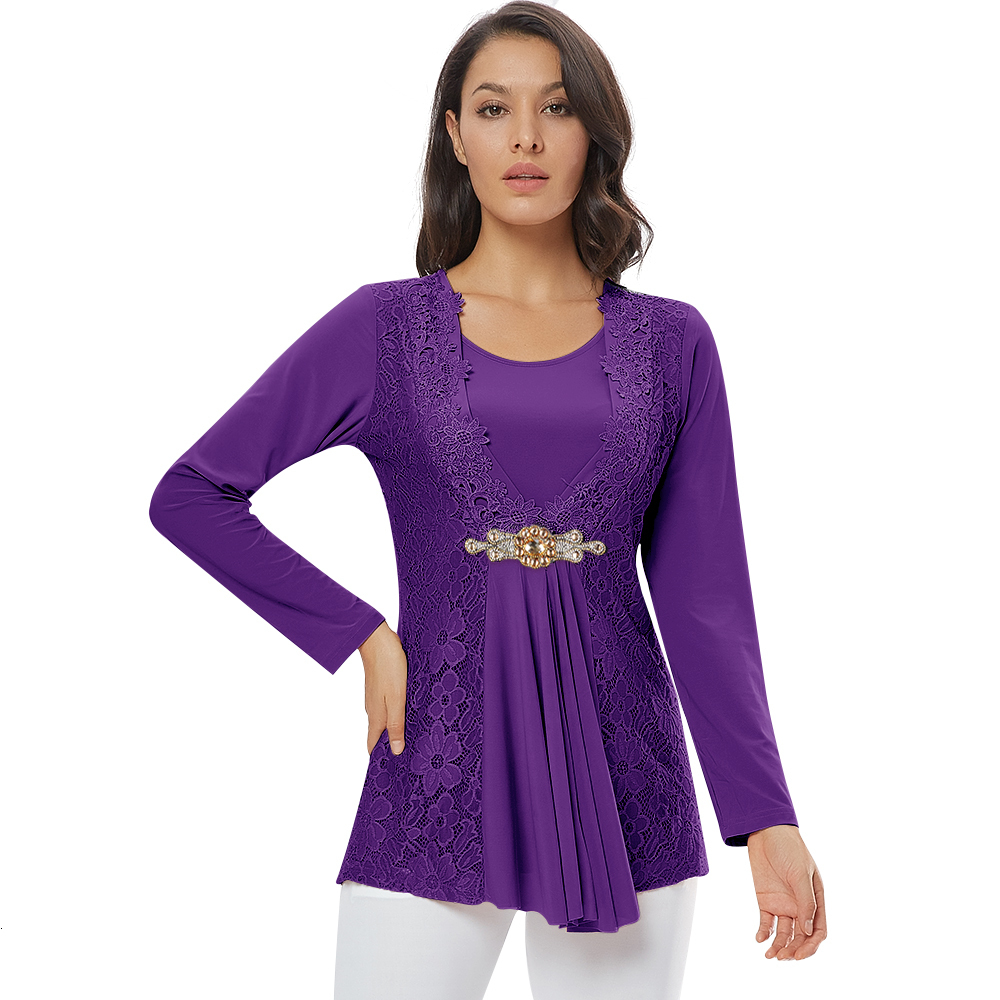Women's Blouses Shirts YTL Women Vintage Blouse Long Sleeve Diamond Flowy Chic Lace Tops Casual Style Elegant Multicolor Ladies Patchwork Shirt H