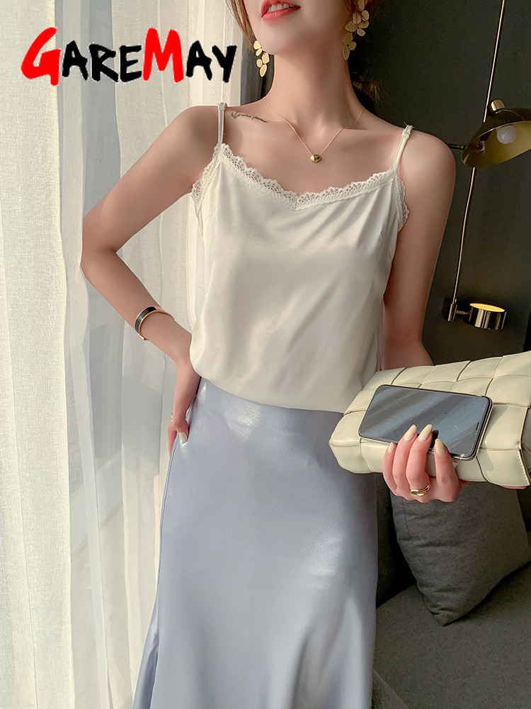 Camisoles Tanks Summer Satin Silk Women's Tank Tops Lace Sleeveless Camisole Halter Beautiful V Neck Green Basic Spaghetti Strap Top 230518