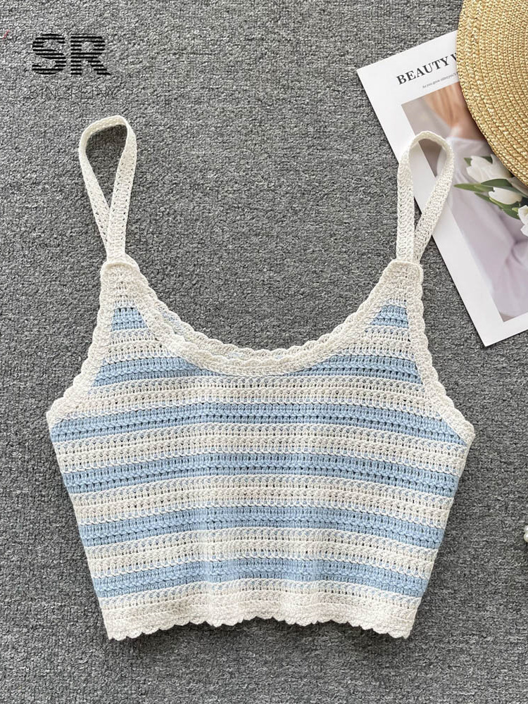 Camisoles Tanks SINGREINY Knit Crop Tops Casual Summer Strap Women Tops Hollow Out Retro Court French Ladies Backless Vacation Fashion Camisole 230518