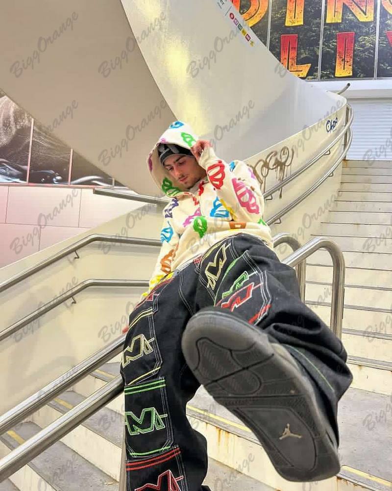 Men's Jeans Loose and Comfortable Wide Pants Multipocket the Planet Y2k Harajuku Colorful Multipockets Men Clothing Baggy 230517