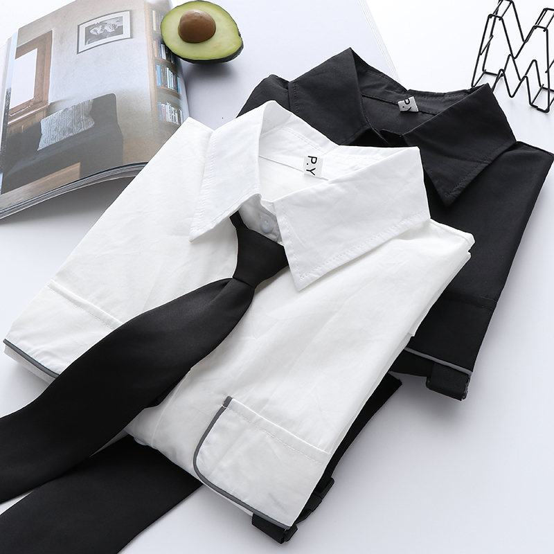 Women's Blouses Shirts Autumn Women JK uniform Japanese Tie Long Sleeve Loose Short Shirt College Casual Street Pocket White Top Student Blouse 2