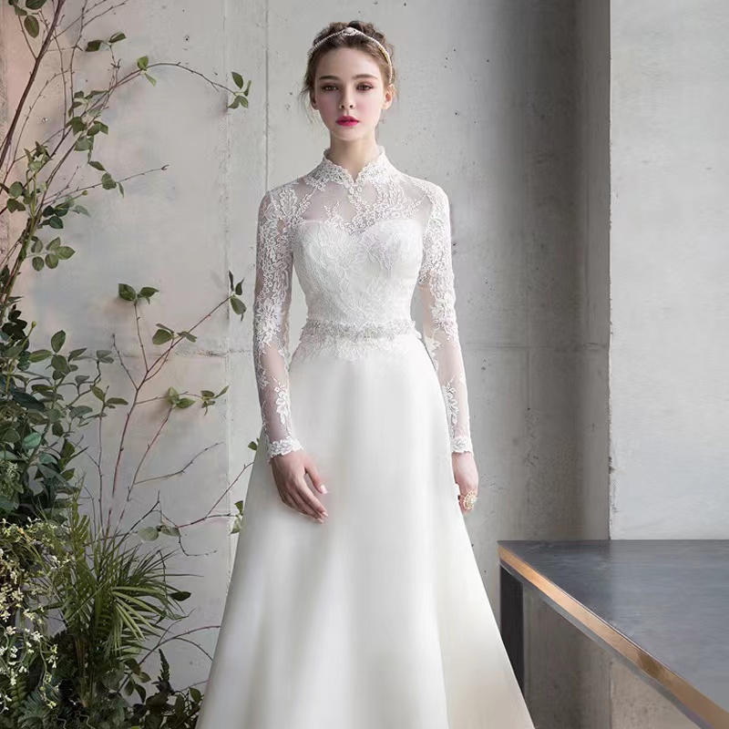 2023 Vintage Boho a e Wedding Dress lace long sleeve crystal Lace Appliques 3D wers Elegant Bride Gown Arabic Aso Ebi Robe De Mariage Sequins Wed Dres