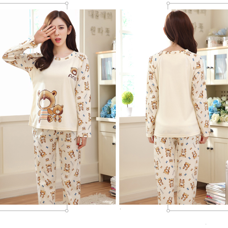 Women's Sleepwear Spring Autumn Women's Sleep Lounge Pajama Long Sleeved Woman Pajama Set CartoonPrint Pyjamas Cotton Sleepwear 230517