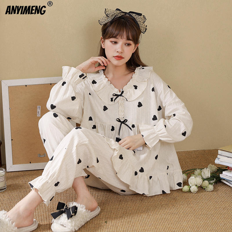 Women's Sleepwear Victorian Ruffle White Hearts Printed Cotton Sleepwear Texture Cotton Spring Autumn Loose Size Kawaii Pajama Young Gril Pijamas